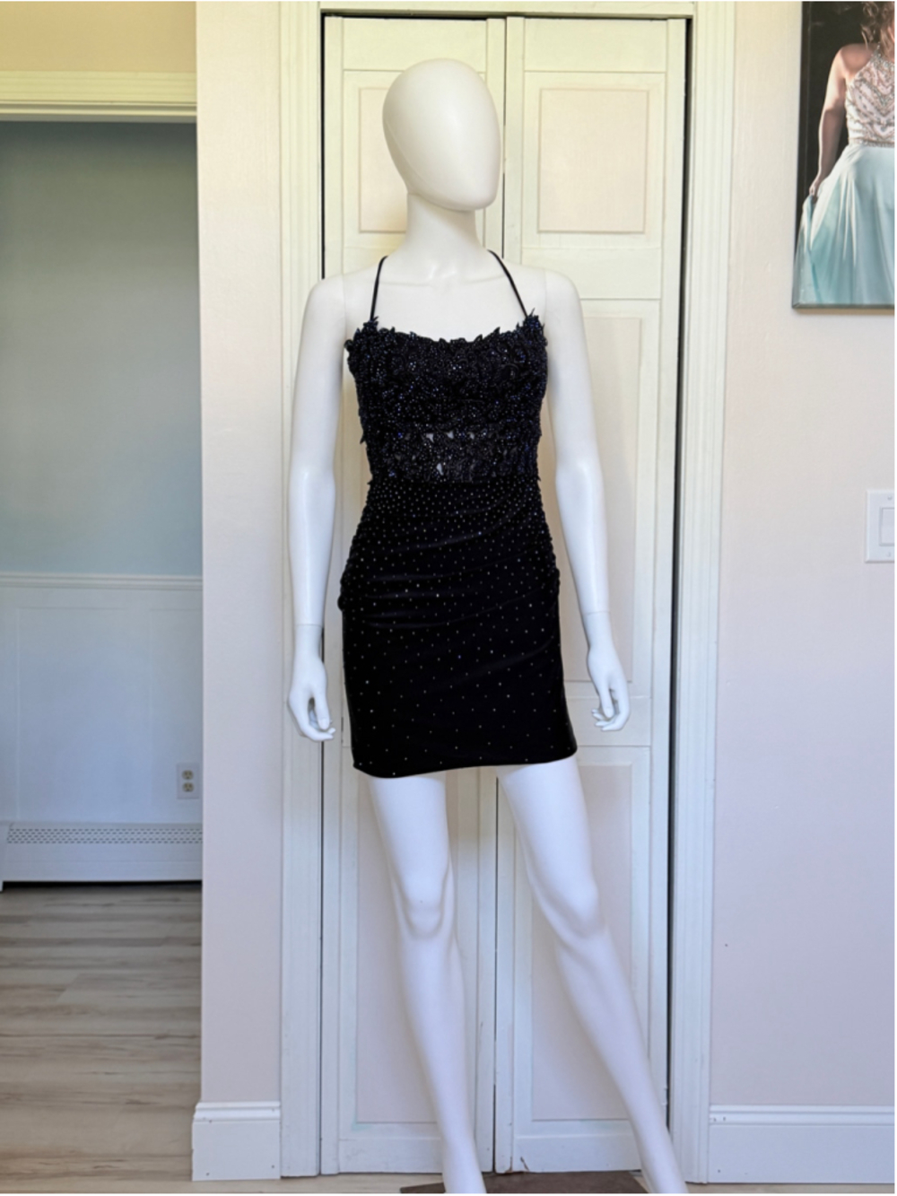 Size 4 Black Lace Blue Rhinestones Bodycon Mini Dress Party Homecoming Hoco